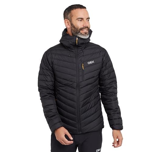 Image of OEX Men’s Kintra Down Jacket with Wired Peak Adjustable Hood & Athletic Fit, Water Repellent, Lightweight & Packable Winter Puffer Coat (UK, Alpha, XL, Regular, Regular, Jet Black)