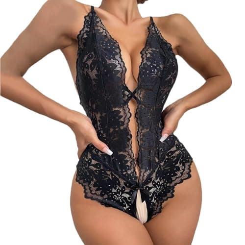 Image of Risipu Sexy Lace Teddy Lingerie Women's One Piece Lingerie Date Night, Anniversary and Valentine's Day Options for Women of All Shapes and Sizes (Black, M)