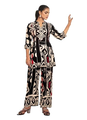 Image of Ladyline Women’s Printed Rayon Kurti Palazzo Co-ord Set | 2-Piece Tunic Top with Hand work & Sequins + Extra Wide Palazzo Pants | Ethnic Indian Wear for Party wear (RPEKP TWMER) (36/ Black)