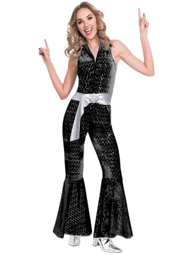 Image of amscan 9905742 Adult Womens Black Disco Jumpsuit Fancy Dress Costume UK Dress Size 14-16