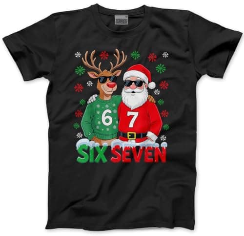 Image of HotScamp Six Seven Christmas Top for Kids, Teens and Adults – 67 Rudolph Reindeer 6-7 Slogan T-Shirt - 6 7 Graphic Tee Festive Meme Christmas Jumper Day Tshirt - 7-8 Years Black