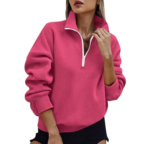 Image of Womens Half Zip Sweatshirt Solid Casual 1/4 Zip Pullover Tops Autumn Winter Cosy Jumpers Ladies Sweaters Quarter-Zip Fleece Sweatshirt with Pockets Knitwear Fashion Casual Long Sleeve Top Hot Pink
