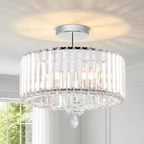 Image of ANWIO Crystal Ceiling Lights,3-Light Modern Chandeliers Ceiling Lights Living Room,Round Semi Flush Mount Ceilings Light for Hallway,Bedroom,Kitchen,Bathroom,Dia 36.5cm,(E27 Base)