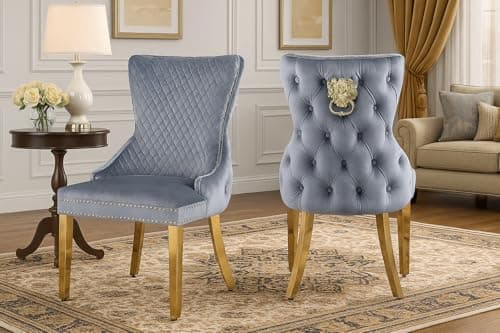 Image of ASR INTERIORS Victoria Set of 2 Dining Chairs - Luxury Grey & Gold Shimmer Velvet, Button Tufted Back Lion Knocker, Elegant Upholstered Dining Room Chairs for Living Room, Bedroom, Office (Grey Gold)