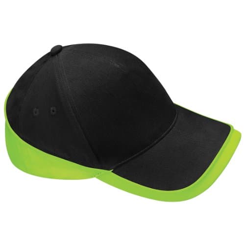 Image of Beechfield Unisex Teamwear Competition Cap Baseball/Headwear (Pack of 2) (One Size) (Black/Lime Green)