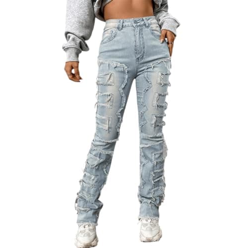 Image of Wonyier Women's High Waisted Straight Leg Slim Fit Raw Hem Patchwork Stretchy Y2K Stacked Mom Jeans Boyfriend Jeans for Teen Girls, Light Blue, M