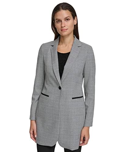 Image of Tommy Hilfiger Women's Long Plaid Fitted Single Button Blazer, Black/Ivory Multi, 20