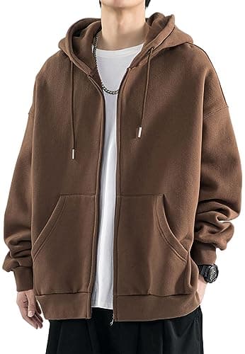Image of OLIPHEE Men's Full-Zip Hoodie with Pockets Casual Hoodie Jacket Zip-up Hooded Sweatshirt for Men Coffee L