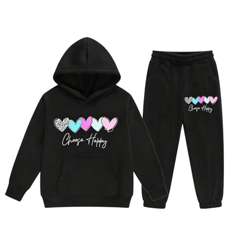 Image of Girls Tracksuit Set Choose Happy Kids Long Sleeve Hoodie Sweatshirt and Trousers Outfits Sets for Girls Trendy Spring Winter Comfy School Casual Jogging Athletic Age 3-14 Years (Black, 6-7 Years)