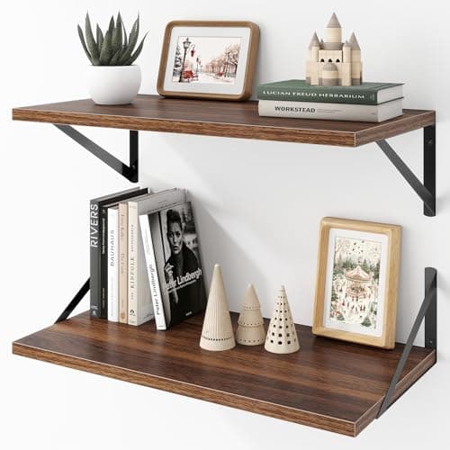 Image of Acovy Deep Floating Shelves Wall Mounted, 24"x12" Walnut Wall Shelves with Brackets Set of 2 for Bedroom, Living Room, Bathroom, Kitchen, Office - Storage & Display Shelf for Decor, Books, Plants
