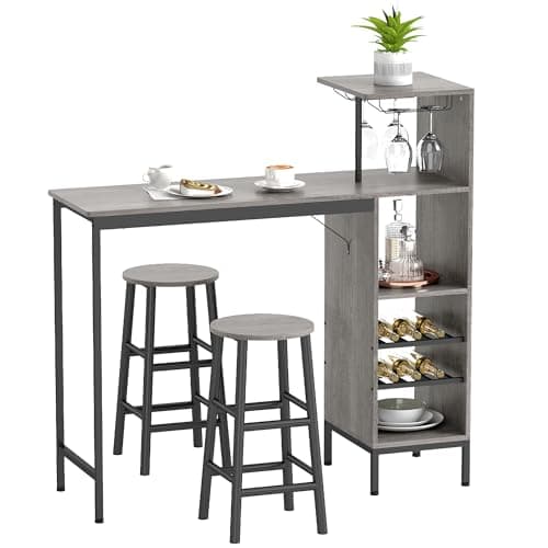 Image of HOMCOM 3 Pieces Dining Room Set, 6-Tier Dining Table with Storage Shelves, Wine Racks, Glass Holders, 2 Round Stools with Footrest, for Small Spaces, Kitchen, Dining Room, Natural Wood Finish