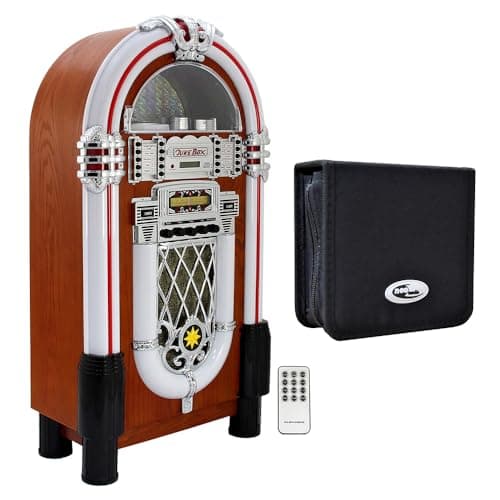 Image of Retro Style Illuminated Jukebox Sound System with Bluetooth & FM Radio + 48 CD/DVD Carry Case – Vintage Music Player with LED Lights, USB, AUX & Remote Control Bundle