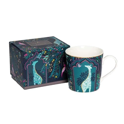 Image of Portmeirion x Sara Miller London Coffee Mug with Handle - India Collection, Giraffe's Courtyard Midnight Design, Elegant and Sophisticated Fine China Mug with 22ct Gold Detailing, 344ml