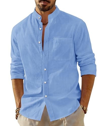 Image of J.VER Linen Shirts Men Grandad Collar Long Sleeve Regular Fit Blue Shirt Lightweight Summer Beach Fashion Banded Collar Top M