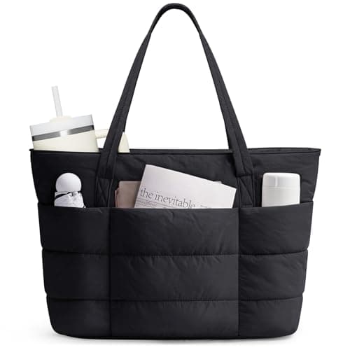 Image of Narwey Tote Bags for Women, Ladies Handbags & Shoulder Bags, School Work Laptop Bags with Zip for Women, Puffer Teacher Hand Bag for College Shopping Travel Gym Beach (Black)