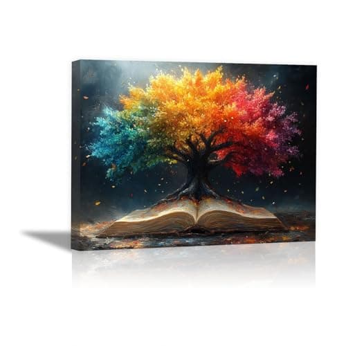 Image of QUSAAOU Pcslarge Canvas Prints Rainbow Tree Growing from Open Book Retro Landscape Paintings Living Room And Bedroom Home Decorations Easy Hanging(Multicolor)-20x30cm1 Framed