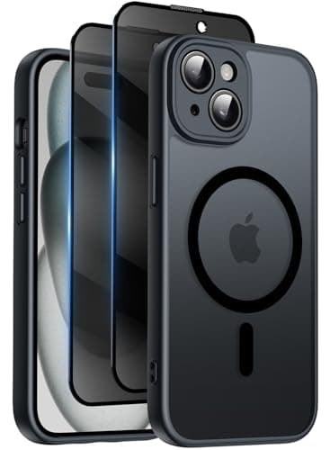 Image of Qasyfanc for iPhone 15 Plus Case with MagSafe, Privacy Screen Protectors X2, [Camera Protection] [15FT Military Drop Protection] Magnetic Translucent Matte Back Shockproof Phone Cover, 6.7", Black
