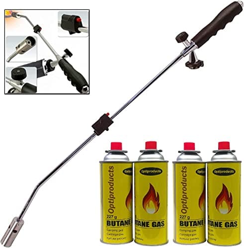Image of OptiProducts Garden Weed Burner with Auto Ignition Butane Weed Gas Wand Blowtorch Garden Torch Weeds Killer Burner with 4 Canisters
