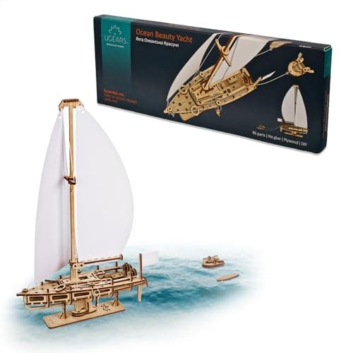 Image of UGEARS Ocean Beauty Yacht 3D Puzzle - 3D Wooden Puzzles for Adults Sailing Boat Model Kit - Building Set with White Sails and Stand - Wooden Model Kits for Adults to Build Gifts for Birthday - 95 Pcs