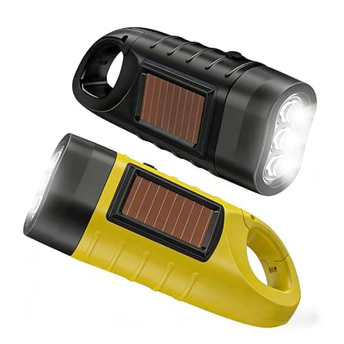 Image of Telidif 2-Pack Wind up Torch, LED Torch with Solar Power and Hand Crank - Super Bright Emergency Light with Carabiner Hook for Camping, Hiking, Outdoor, Survival Gear (Black, Yellow)