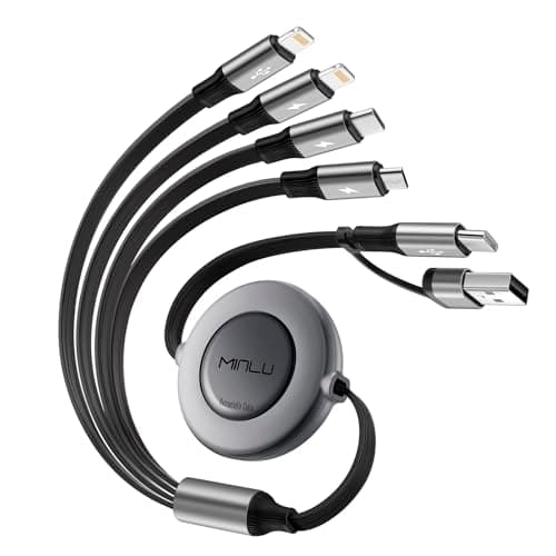Image of Minlu 6-in-1 Retractable USB Cable, Multi Charger Cable [4ft/1.2m] USB-A/USB-C Multi Charging Cable with Lightning Data Sync, Retractable Charging Cable for Android Galaxy,iPhone,Huawei,PS5,Switch