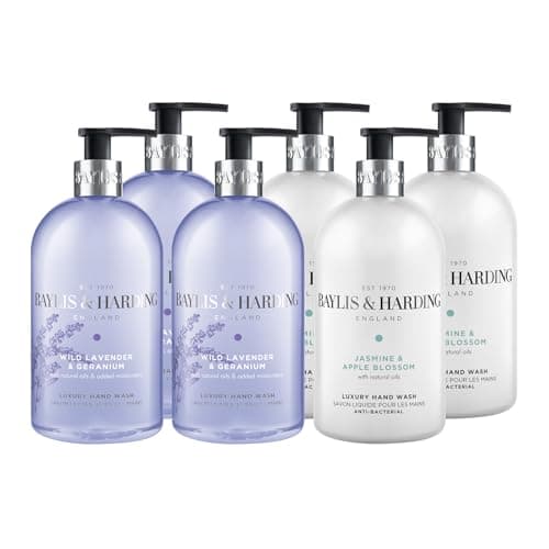 Image of Baylis & Harding 6 x 500 ml Hand Wash Bundle: 3 x Jasmine and Apple Blossom Anti-Bacterial & 3 x Signature Wild Lavender & Geranium - Vegan Friendly