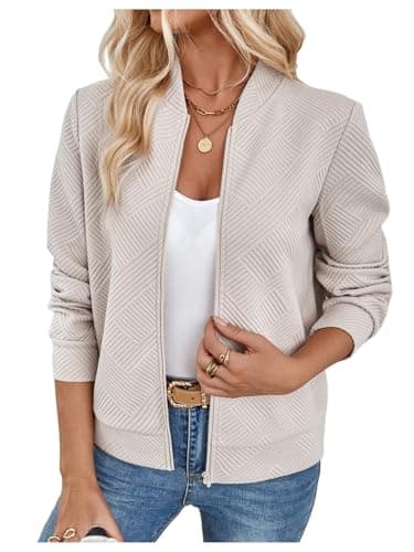 Image of GORGLITTER Women's Textured Zip Up Bomber Jackets Baseball Collar Long Sleeve Lightweight Outwear Coats Beige X-Large