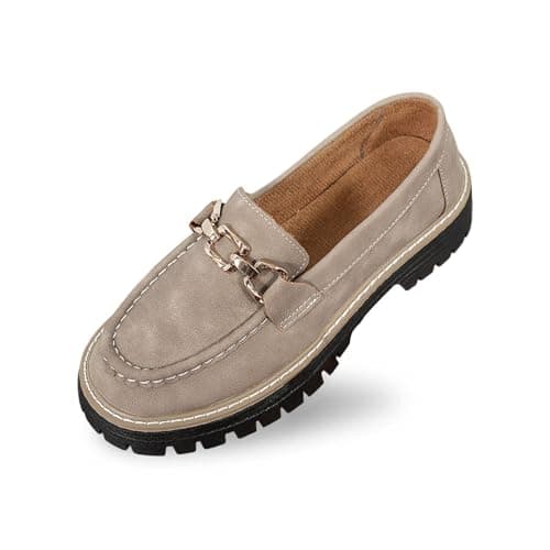 Image of Leather Platform Loafers Shoes for Women Size 4-7 with Chunky Heel and Anti Slip Sole Slip On Low Heel Boat Shoes Retro Casual Comfy Work Penny Moccasins for Office and Spring Summer Daily,Grey,4