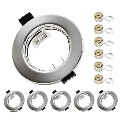 Image of Round Brushed Nickel Recessed Ceiling Downlight Frames with GU10 Sockets,55-70mm Cut-Out Hole Size,Compatible with LED&Halogen Bulbs,Mounting Frame for Spotlight Fixtures (Bulbs Excluded) - 6 Pack