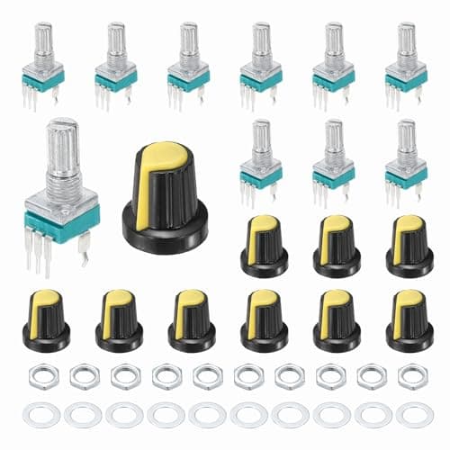 Image of sourcing map 10pcs RK097N B10K Potentiometer, 3Pin Single Linear Rotary Seal Amplifier Logarithmic Potentiometers 15mm Knurled Shaft with Yellow AG2 Plastic Knob Vertical for Audio Amplifier