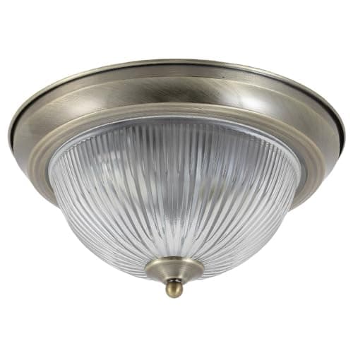 Image of Britalia Antique Brass & Clear Ribbed Glass Bathroom Vintage Round Flush Ceiling Light | 29cm Diameter | 2 x SES E14 Lamps Required | IP44 Rated | Low Profile Height of 15cm | American Diner