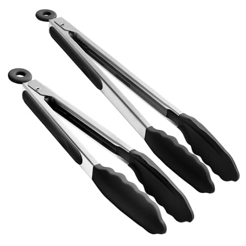Image of Doosu Kitchen Cooking Silicone Tongs，315℃ Heat Resistant Locking Tong with Non-Scratch Tipped, 18/8 Stainless Steel Heavy Duty Utensils for BBQ, Air Fryer, Serving Salad (23+30cm, Black)