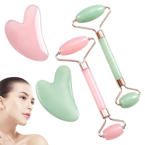 Image of 2 PCS Jade Roller and Gua Sha Set,Rose Quartz Roller and Gua Sha Stone,Face Roller Jade Roller for Women,Massage Tool for Face, Neck and Body Muscle Relaxing,Relieve Facial Tension(Pink,Green)