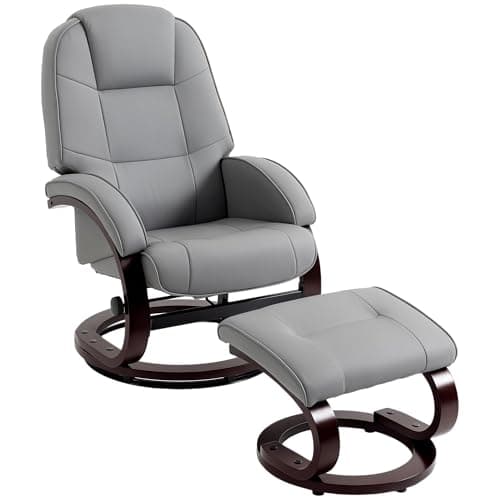 Image of HOMCOM Swivel Recliner Chair with Footstool, PU Leather Recliner Armchair with High Back and Wood Frame, Reclining Chair Lounge with Padded Armrests for Living Room, Grey