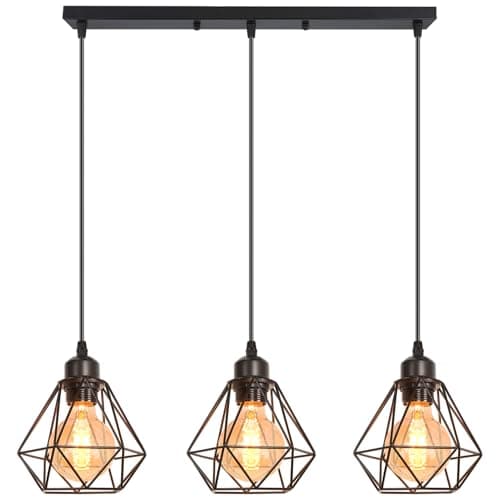 Image of iDEGU 3 Lights Vintage Ceiling Pendant Light Fitting, Geometric Cage Style E27 Industrial Metal Chandelier Lamp Shade for Bedroom Living Room Dining Room, Black, Ø 16cm (3-Light 50cm Bar)