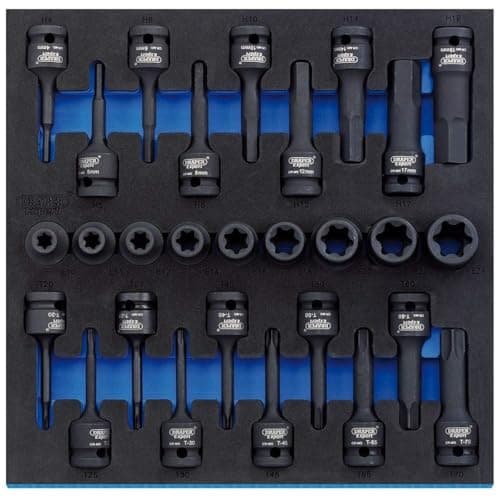 Image of Draper 63490 1/2" Square Drive Impact TX-Star and Hex Socket 28 Piece Set in 1/2 Eva Insert Tray , Blue