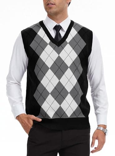 Image of Zaitun Men's Argyle Sleeveless Jumpers V Neck Vest Tops Knitted Slim Fit Waistcoat Business Casual Sweaters Pullover Autumn Winter Black