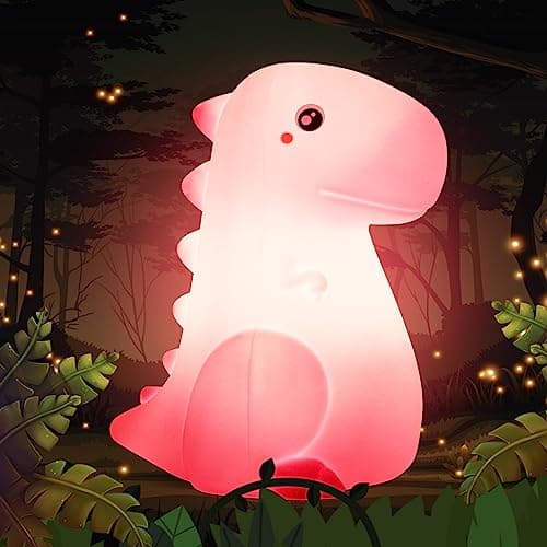 Image of SANKEDOU Dinosaur Kids Night Light, Cute Lamp Girl Birthday Gifts Women Teenage Girls Squishy Dino Night Lamp for Kids Bedroom, Toddler Baby Portable Silicone Battery Nightlight (Pink)