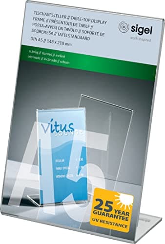 Image of SIGEL TA212 Sign Holder, slanted, for A5, single-sided presentation, uv resistant acrylic, transparent, 1 Piece