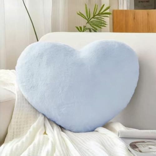 Image of Prettybuy Heart Pillow, 9.8" x 11.8" Sky Blue Heart Decorative Throw Pillow for Bed Couch Cute Faux Rabbit Fur Love Heart Pillows Cushion for Sofa Chair Living Room Valentine's Day Home Decorations