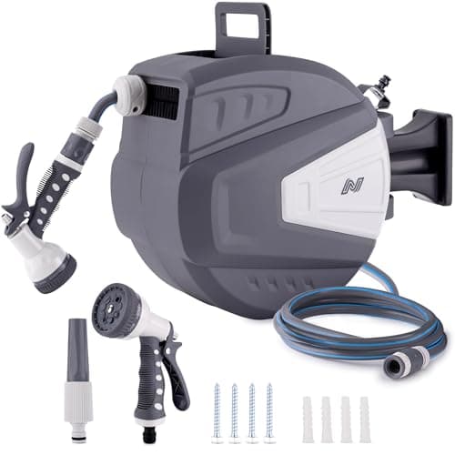 Image of NETTA Hose Reel 30m – Wall Mounted Garden Hose Reel with Auto Rewind & 180° Swivel - Retractable Garden Hose Pipe with 9-Function Spray Gun - Heavy Duty Hose Pipe & 3/4" BSP Fittings