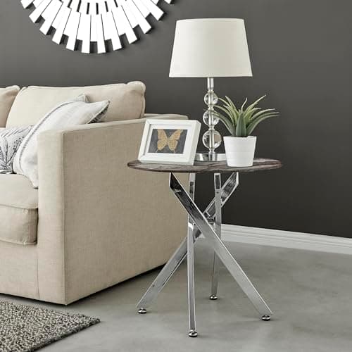 Image of Furniturebox UK Novara Glass Dark Marble Effect Round Side Table Bedside Table - Shiny Silver Metal Legs Stylish Nested Starburst Design - Modern Living Room Bedroom Furniture Contemporary Homes