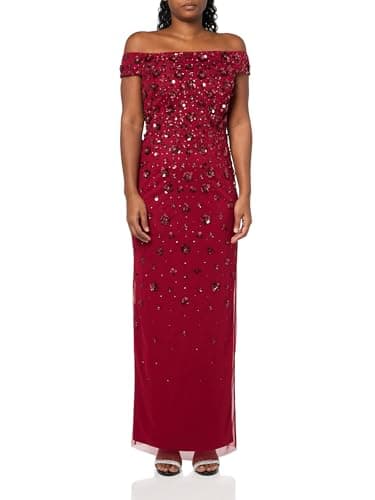 Image of Adrianna Papell Women's Off Shoulder Beaded Dress, Cranberry, 14