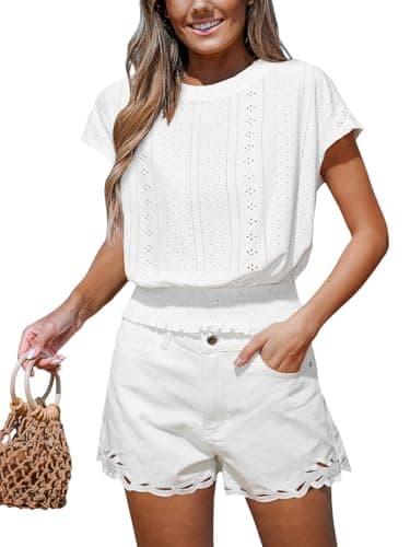 Image of CUPSHE Women Summer Tops Sleeveless Eyelet Round Neck Smocked Waist Ruffle Hem Broderie Anglaise Casual Blouse White L