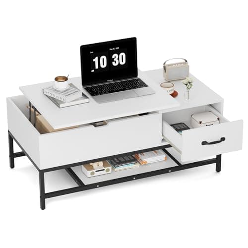 Image of BonVache Lift Up Top Coffee Table,Wooden Lifting Table with Hidden Storage Compartment,Drawer & Open Shelf, Metal Frame Rectangle Accent Sofa Side Tea Desk for Living Room Office