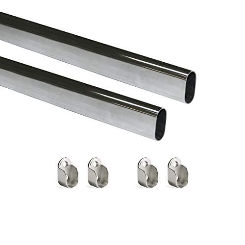 Image of Emuca Wardrobe Oval Hanging Rail Kit with End Supports, 750mm, Chromed, Aluminium and Zamak, Pack of 2