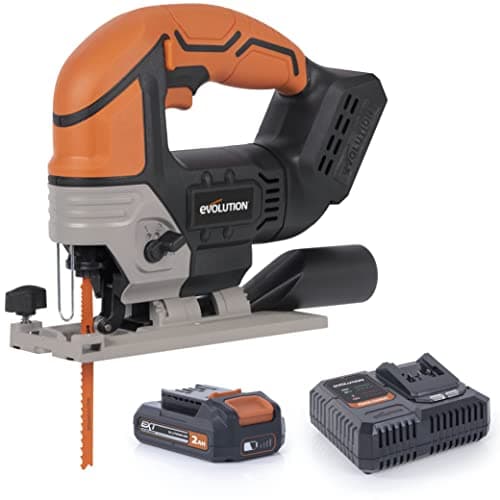 Image of Evolution Power Tools R90JGS-Li Cordless Jigsaw with Parallel Edge Guide, 5 x Multi Purpose Blades for Multi-Material Cutting in Wood, Metal, Plastic, 18v Li-Ion 2Ah Battery & Charger Included