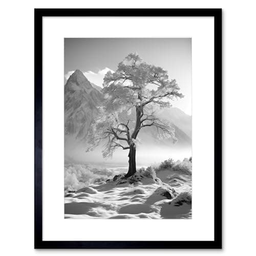 Image of Artery8 Frozen Tree in Snowy Mountain Landscape Bright Black and White Photograph Winter Sunrise Crisp Morning Light Artwork Framed Wall Art Print 9X7 Inch