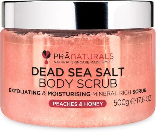 Image of PraNaturals Dead Sea Salt Body Scrub 500G – Hydrating & Moisturising, Natural Oils & Minerals, Exfoliating, Softening & Nourishing, All Skin Types, No Parabens, Vegan & Cruelty Free (Peaches & Honey)