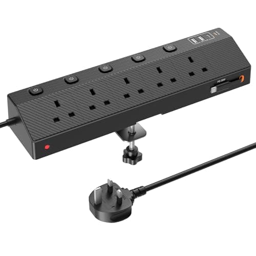 Image of Desk Extension Lead 1.8M, STGAROT PD 30W Power Strip with Retractable USB C Cable, 5 Way Power Socket with 3 USB C Port, 2 USB A Port, Desktop Plug Socket with Removable Clamp for Office Accessories
